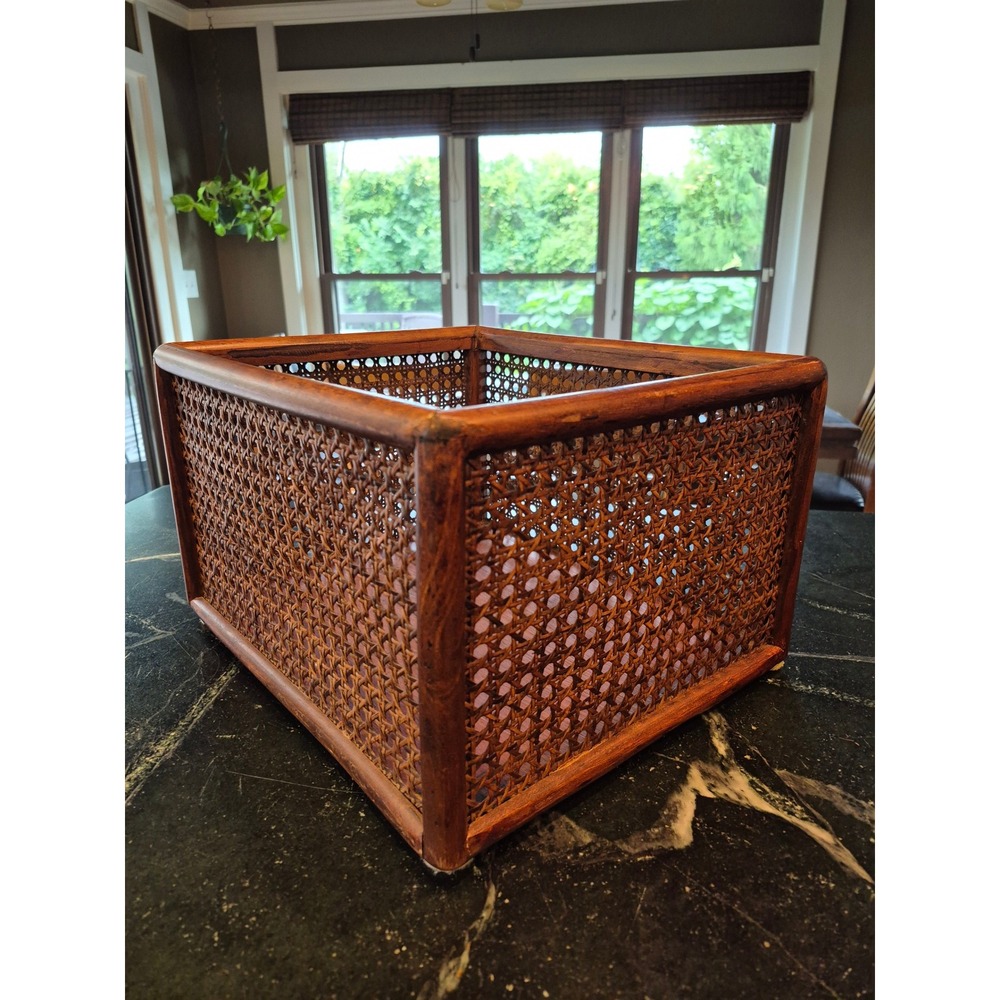 Vintage MCM Woven Cane Rattan Wood Storage Basket Magazine Holder Boho Decor